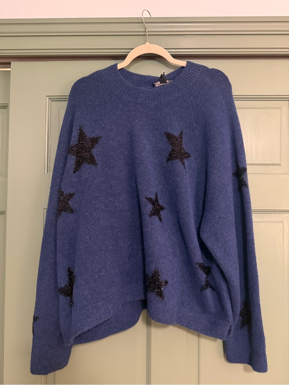 All Saints Blue Crewneck Sweater with Black Star Accents